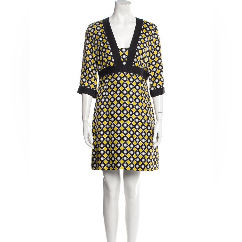 Vintage MILLY of New York Yellow/Green & Black Geometric Silk Mini Dress Size 2 - Picture 6 of 6